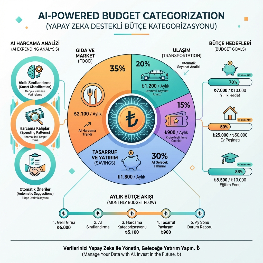 Yapay zeka ile otomatik bütçe kategorilendirme infografiği