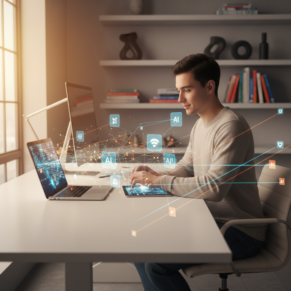 Modern bir ortamda tablet ve laptopta yapay zeka destekli uygulamalarla çalışan, dijital akışla üretkenliğini artıran bir kişi.