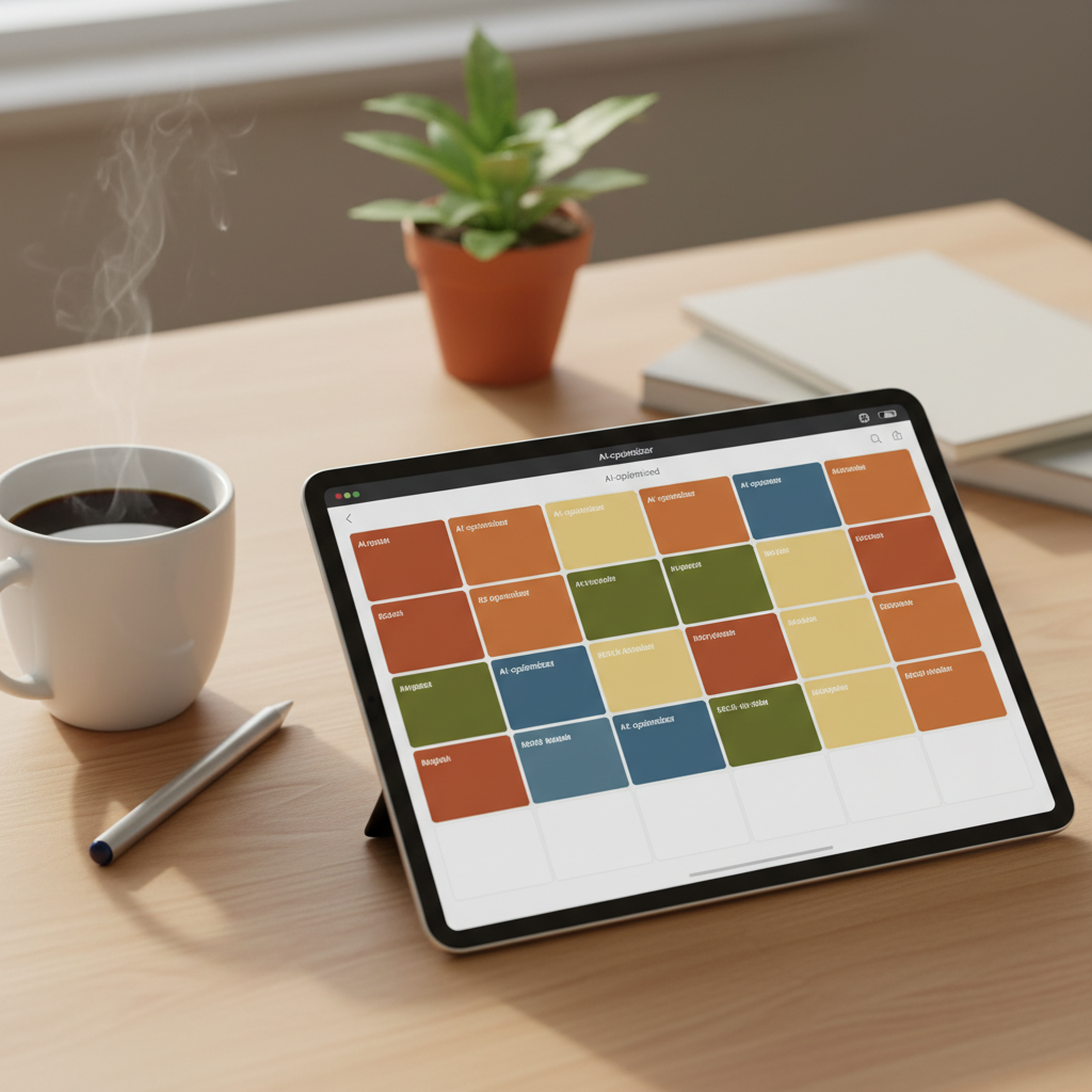 Yapay zeka ile optimize edilmiş, renk kodlu görev bloklarına sahip tablet takvimi. Teknolojiyle verimli zaman yönetimi.