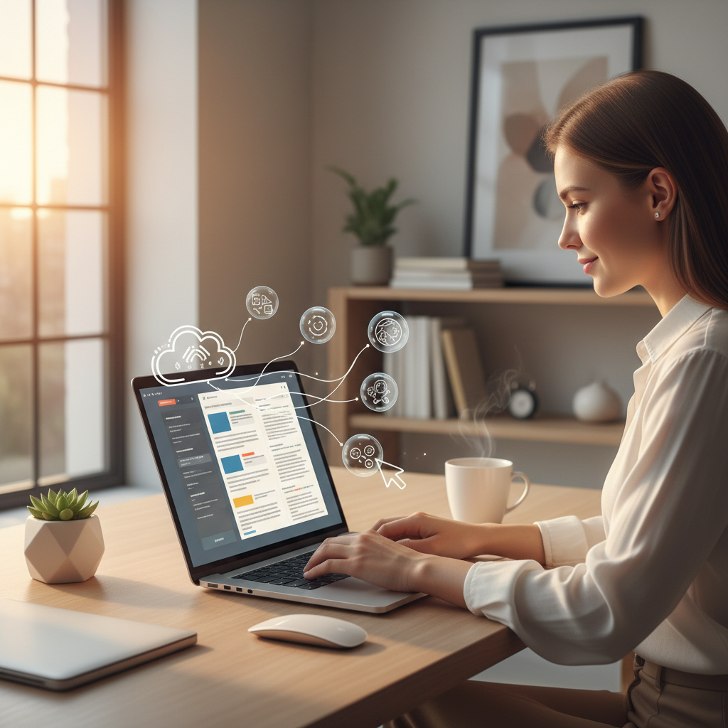 Modern bir çalışma alanında, yapay zeka asistanı ile dizüstü bilgisayarında blog yazısı yazan kişi. YZ teknolojisiyle içerik verimliliği ve yaratıcılığı.