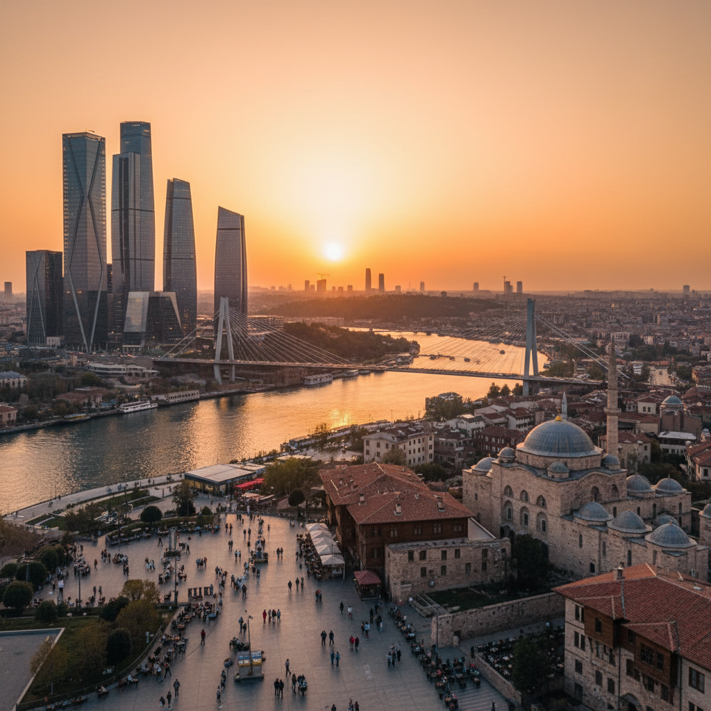 Gün batımında modern ve tarihi Türk şehir manzarası. Türkiye'de gayrimenkul yatırımı, pasif gelir ve yüksek kira getirisi stratejileri.