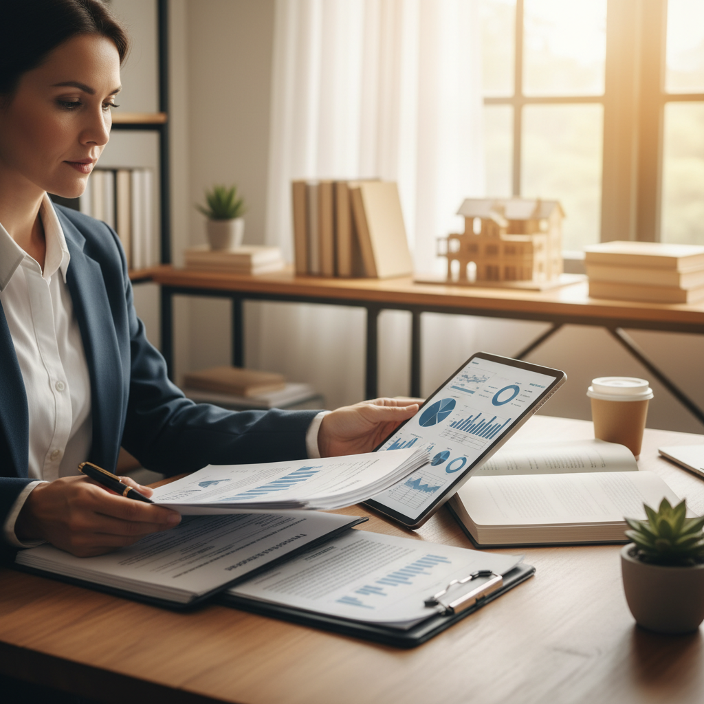 Uzman gayrimenkul değerleme uzmanı, belgeleri ve pazar verilerini inceliyor. Türkiye'de detaylı ve etkili değerleme yöntemleri rehberi.