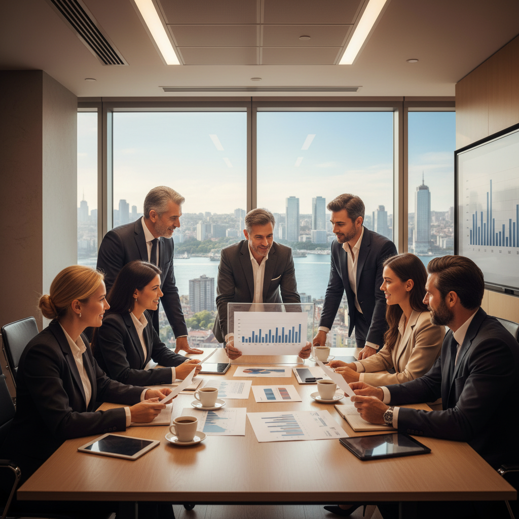 Türkiye ticari gayrimenkul ve GYO yatırımcıları, modern ofiste grafiklerle karlı fırsat stratejilerini inceliyor.