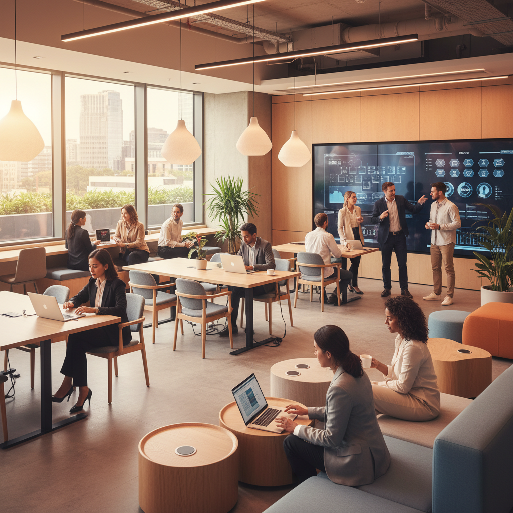 Modern coworking ofis alanı. Laptoplarla çalışanlar, işbirliği. 2025 Türkiye ticari gayrimenkul ve GYO yatırım fırsatları.