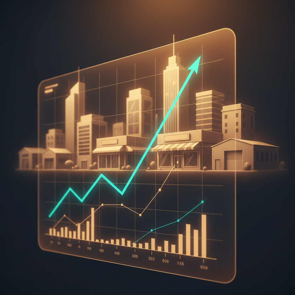 2025 Türkiye GYO ve ticari gayrimenkul yatırımları için yükselen grafik, ofis, perakende, depo simgeleri. Karlı fırsatlar ve stratejiler.