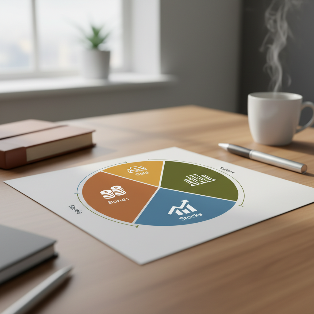 Hisse, tahvil, gayrimenkul, altın içeren portföy çeşitlendirme infografiği. Enflasyona karşı akıllı yatırım ve birikim koruma rehberi.