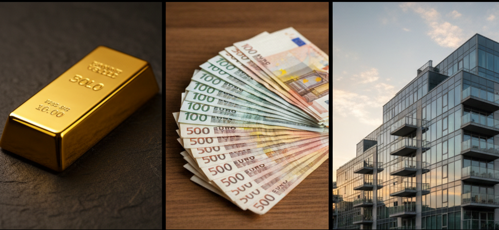 Yüksek enflasyonda servet koruma için altın, döviz ve konut gibi farklı yatırım varlıklarını gösteren üçlü fotoğraf.