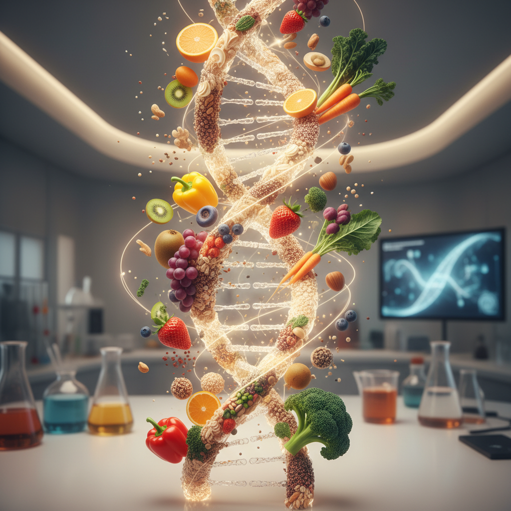 Genetik ve kişiselleştirilmiş beslenmenin bağını vurgulayan DNA sarmalı ve sağlıklı gıdalar. 2025 kişiselleştirilmiş beslenme, genetik testler.