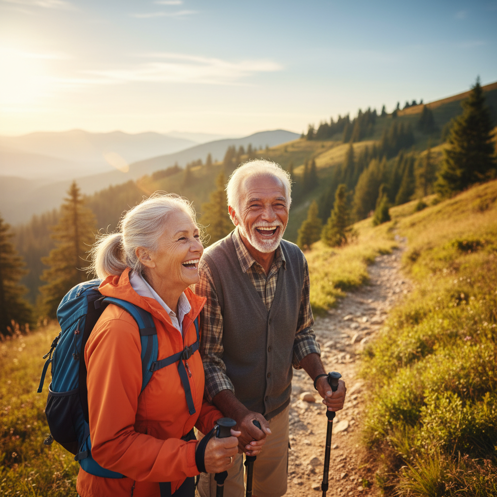 Güneşli doğada yürüyen, gülen sağlıklı yaşlı çift. Uzun ömürlülük, vitalite ve sağlıklı yaşlanmayı simgeler.