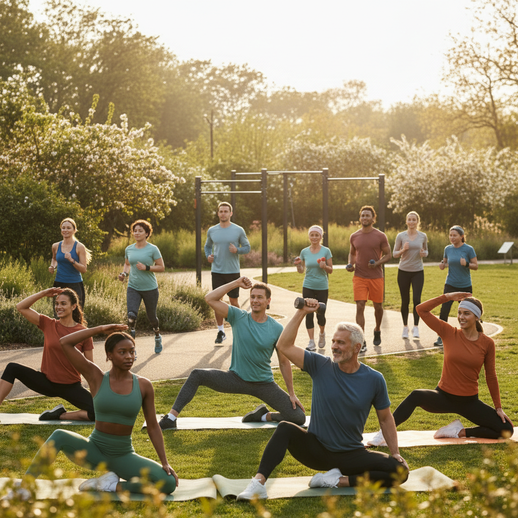 Açık havada egzersiz yapan farklı yaşlardaki insanlar. Longevity için fiziksel aktivite, yaşam süresini ve bilişsel gücü artırır.
