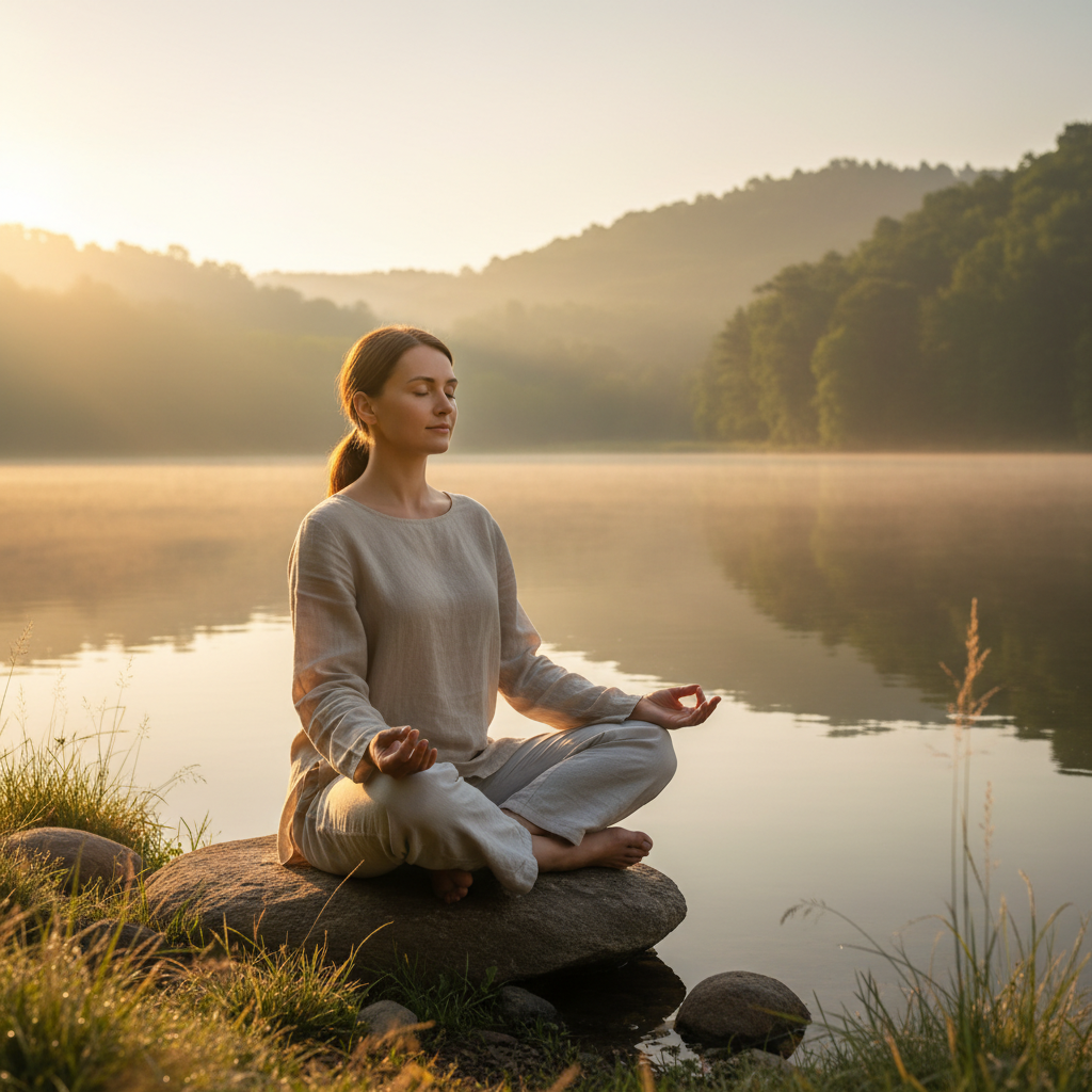 Göl kenarında huzurla meditasyon yapan kişi. Stres yönetimi, farkındalık, bilişsel güç ve uzun ömür için zihin sağlığına odaklanma.