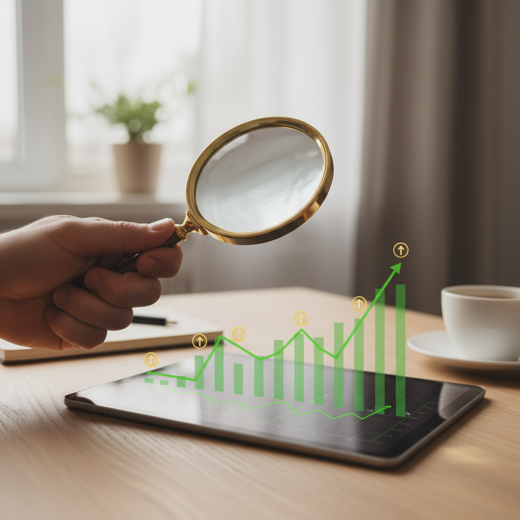 Büyüteçle temettü ve borsa grafiğini inceleyen el. Temettü emekliliği, pasif gelir stratejileriyle finansal özgürlük için detaylı analiz.