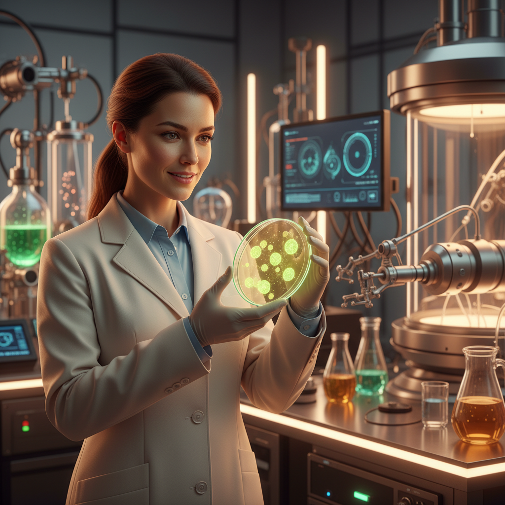 Hücresel gençleşme araştırmaları yapan bir bilim insanı, modern laboratuvarda parlayan hücreli petri kabını inceliyor. Yaşlanmayı yavaşlatma bilimi.