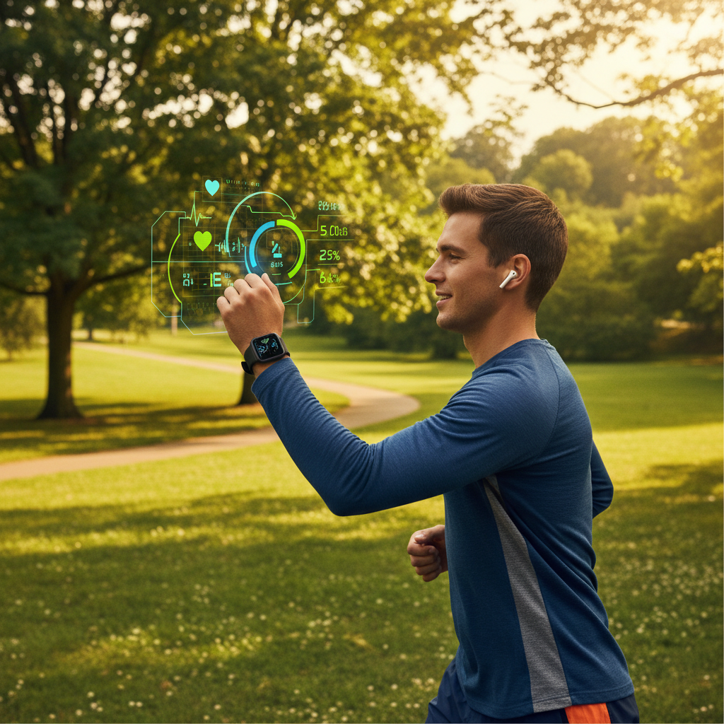 Canlı yeşil parkta koşan, akıllı saatle sağlık verilerini takip eden kişi. Biyohackleme ve yaşlanmayı yavaşlatma için aktif yaşam.