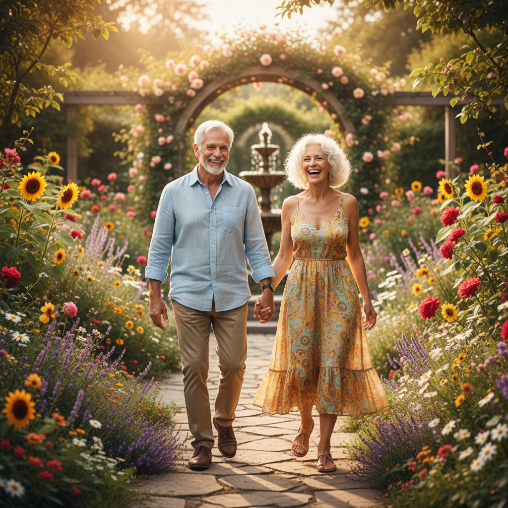 Güneşli bahçede el ele yürüyen neşeli yaşlı çift, sağlıklı uzun yaşamın, hücresel gençleşmenin ve yüksek yaşam kalitesinin bir örneği.