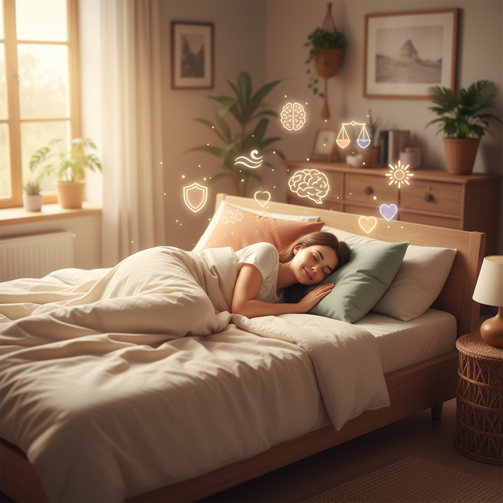 Rahat yatağında huzurla uyuyan bir kişinin illüstrasyonu. Güçlü bağışıklık, zihin açıklığı ve duygusal denge gibi sağlıklı uyku faydaları.