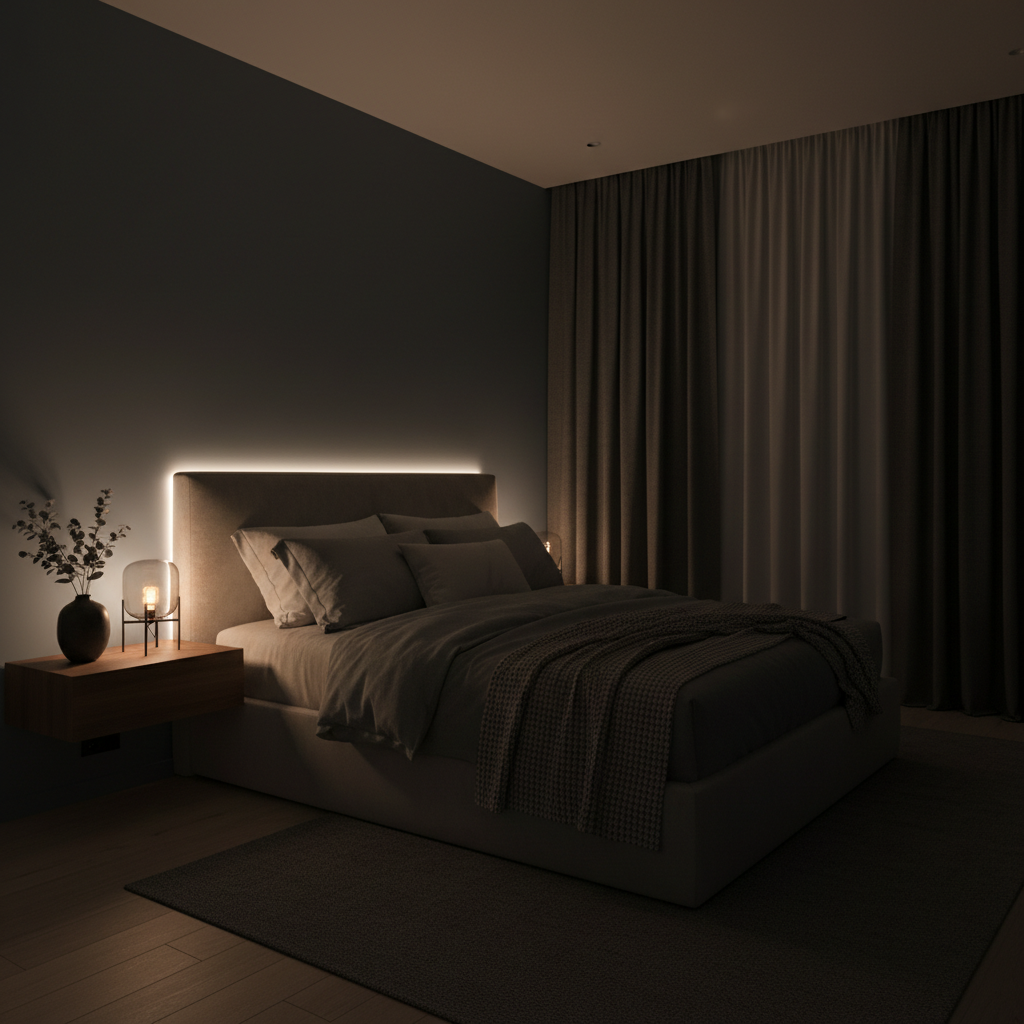 Karanlık, sessiz, serin yatak odası, konforlu yatak, yumuşak ışık. Sağlıklı ve huzurlu uyku için ideal ortam.