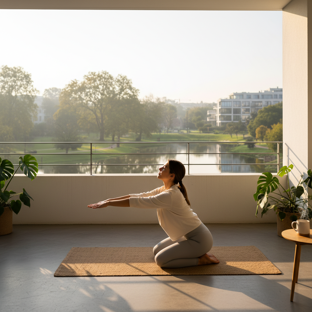 Sabah güneşinde hafif yoga/esneme yapan kişi. Zindelik, iyi uyku ve sağlıklı rutin için huzurlu bir başlangıç.