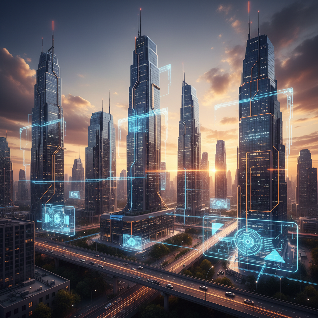 Fütüristik şehirde gün batımı, parlayan veri hatları ve ağlarla dijital dönüşümü yansıtıyor. Yapay zeka entegrasyonu ve teknoloji odaklı kurumsal yapılar.