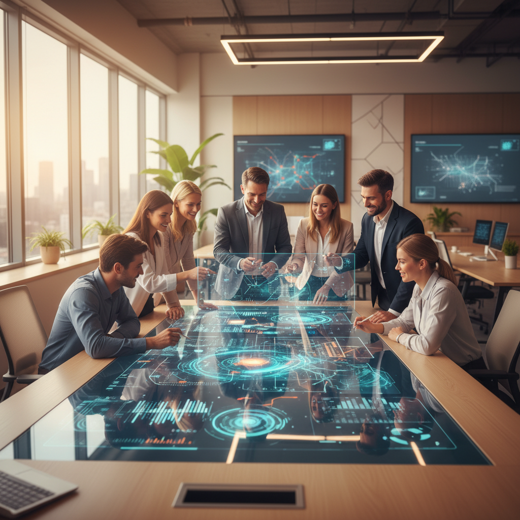 Modern ofiste holografik ekranda veri ve yapay zeka modelleriyle çalışan iş profesyonelleri. İnsan-yapay zeka iş birliğiyle dijital pazarlama ve teknoloji çözümleri.