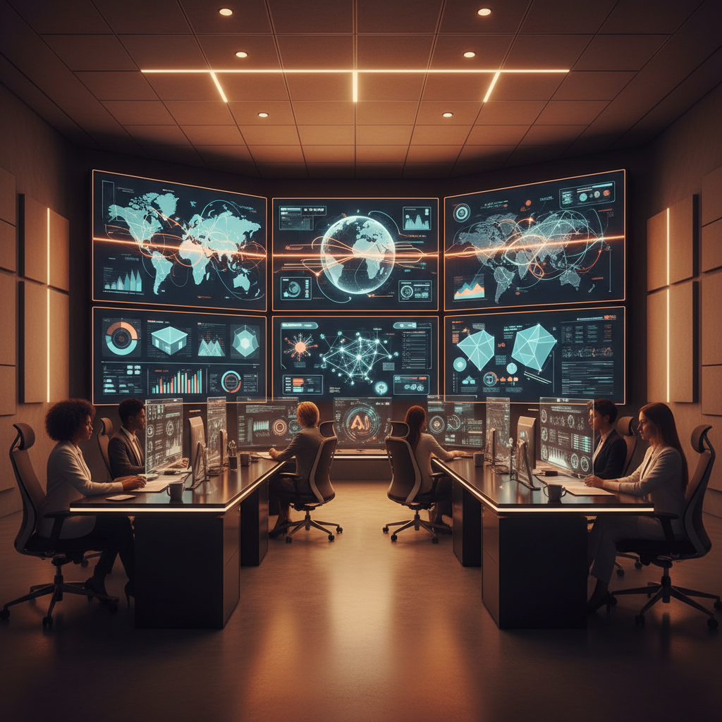 Yapay zeka destekli tedarik zinciri kontrol odası. Gerçek zamanlı lojistik verileri, optimal rotalar ve envanter yönetimiyle dijital teknoloji.