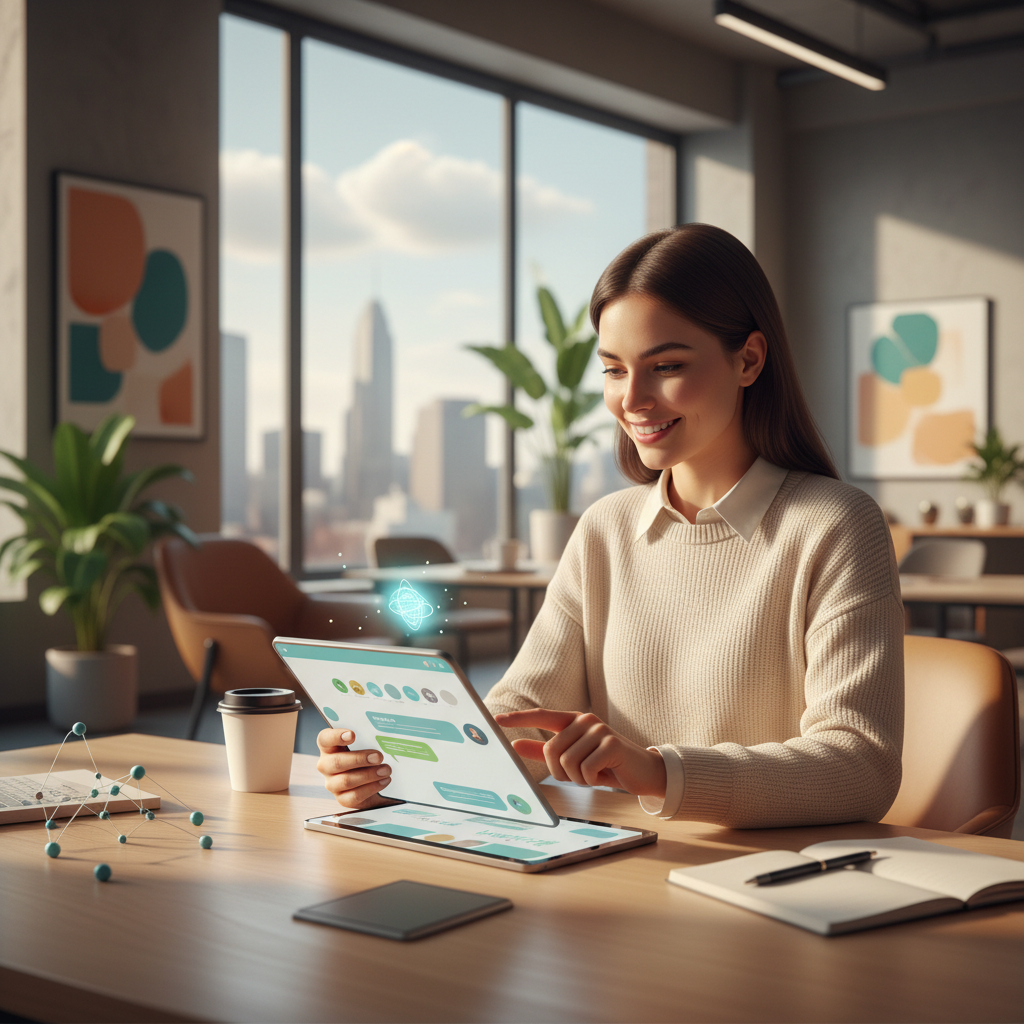 Tabletindeki akıllı yapay zeka chatbot ile etkileşen müşteri. Kişiselleştirilmiş dijital pazarlama ve modern müşteri hizmetleri için AI teknolojisi.