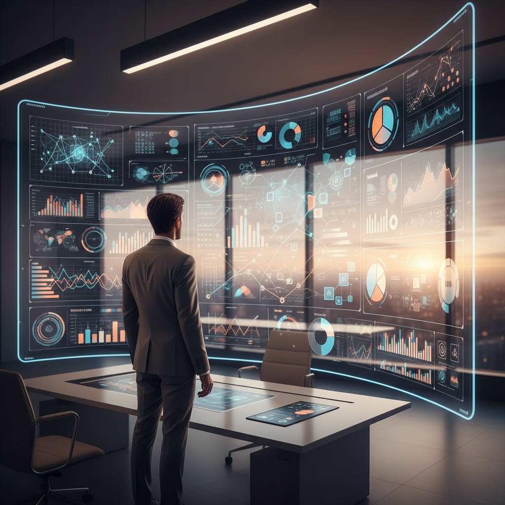Fütüristik panoda AI destekli veri, grafik ve tahminsel modellere bakan yönetici. Yapay zeka ile stratejik karar verme, dijital pazarlama ve akıllı ofis.