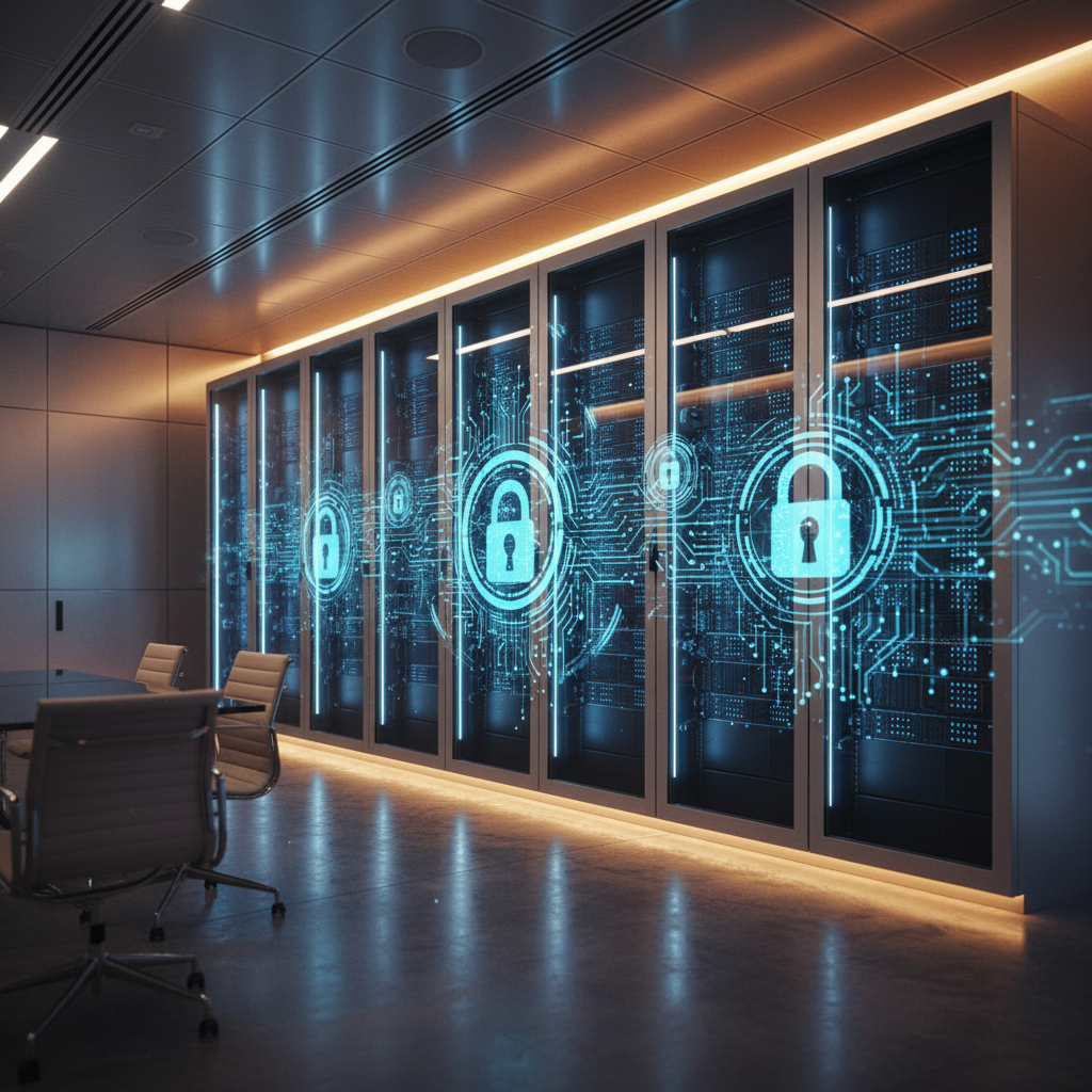 Yapay zeka destekli güvenli finans veri merkezi. Mavi sunucularla veri güvenliği, dolandırıcılık tespiti ve ileri teknoloji.