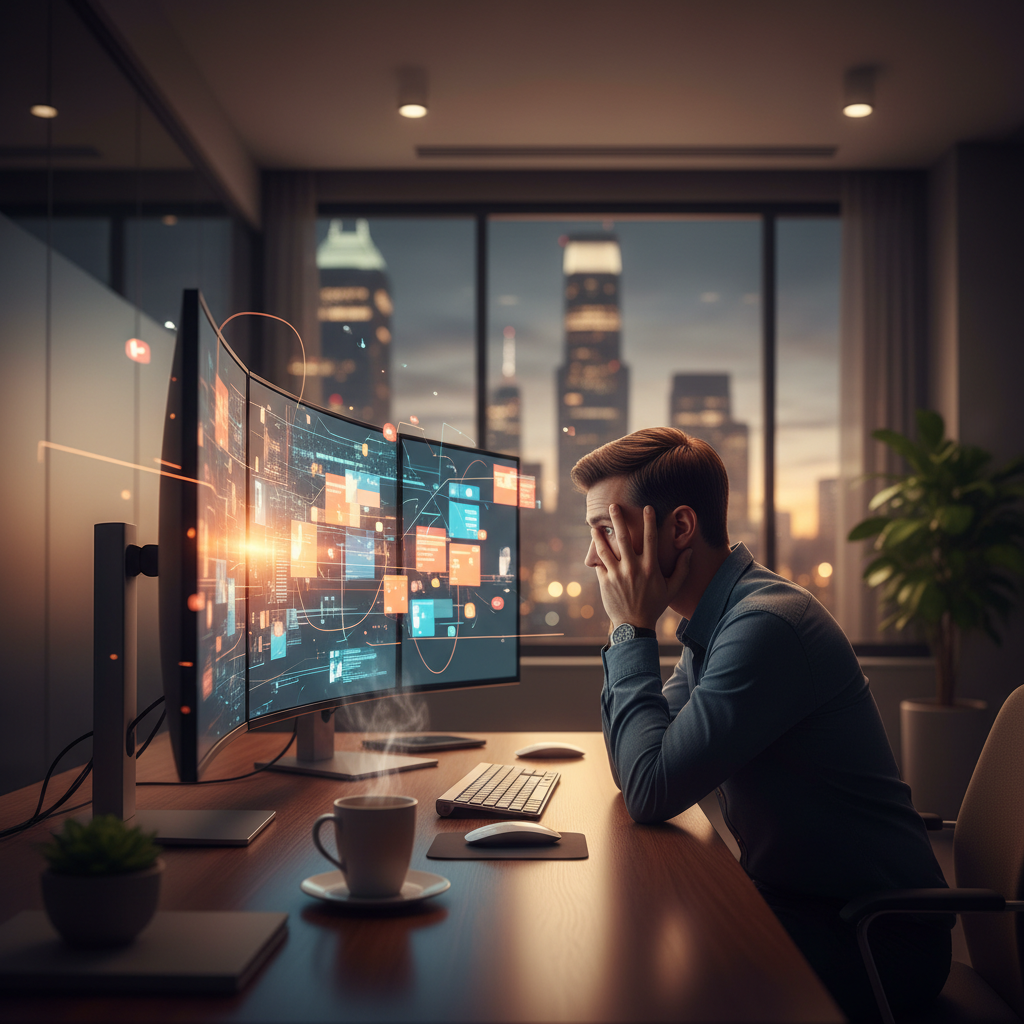 Modern ofiste çoklu ekranlar karşısında iş yükünden bunalmış, stresli ve endişeli bir kişi. Dijital yorgunluk, ruh sağlığı.