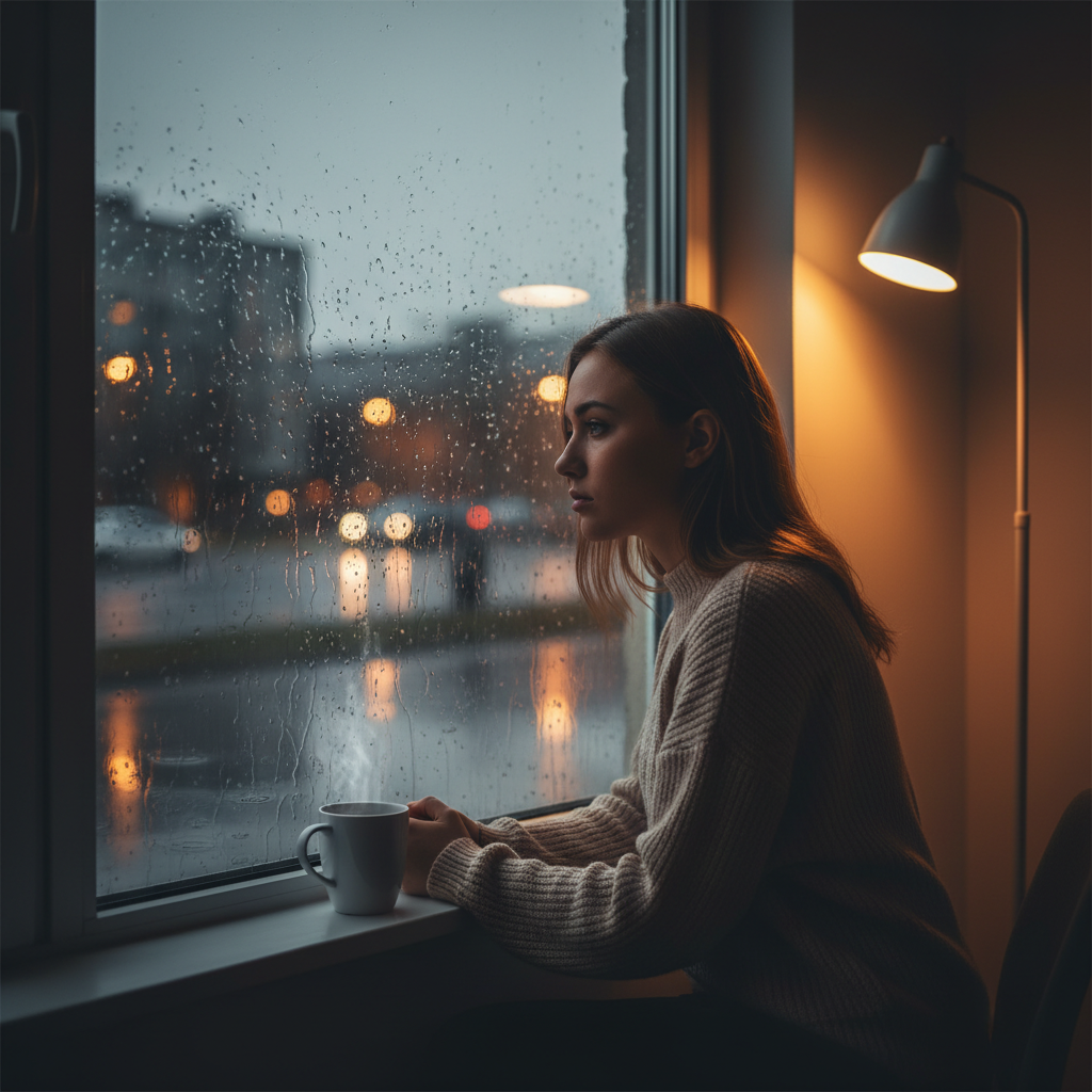 Yağmurda pencere kenarında hüzünlü oturan kişi. Anksiyete, depresyon ve içedönüklük duygularını yansıtan görsel, ruh sağlığı temasına dikkat çekiyor.