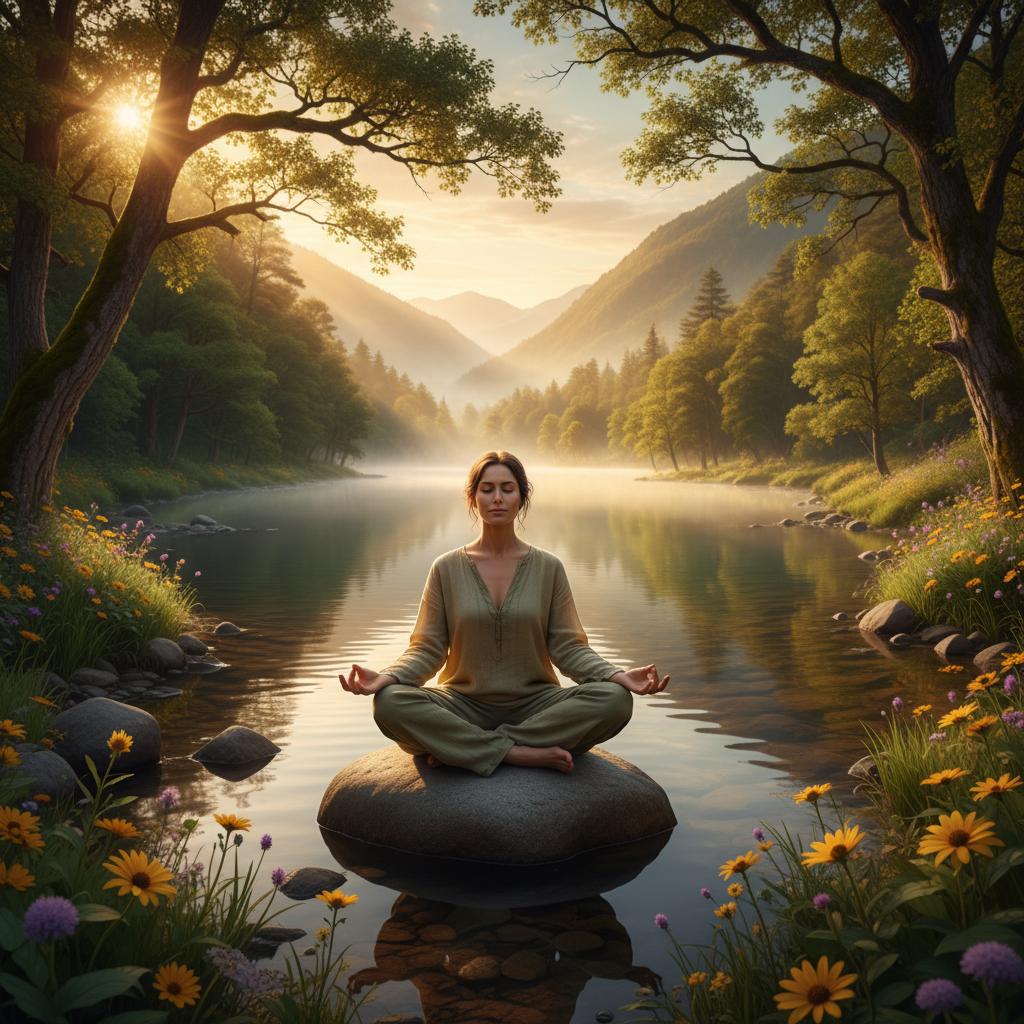 Doğada huzurlu lotus pozisyonunda meditasyon yapan kişi. Farkındalık, iç huzur, sağlıklı yaşam tarzı ve zihinsel sağlık için.