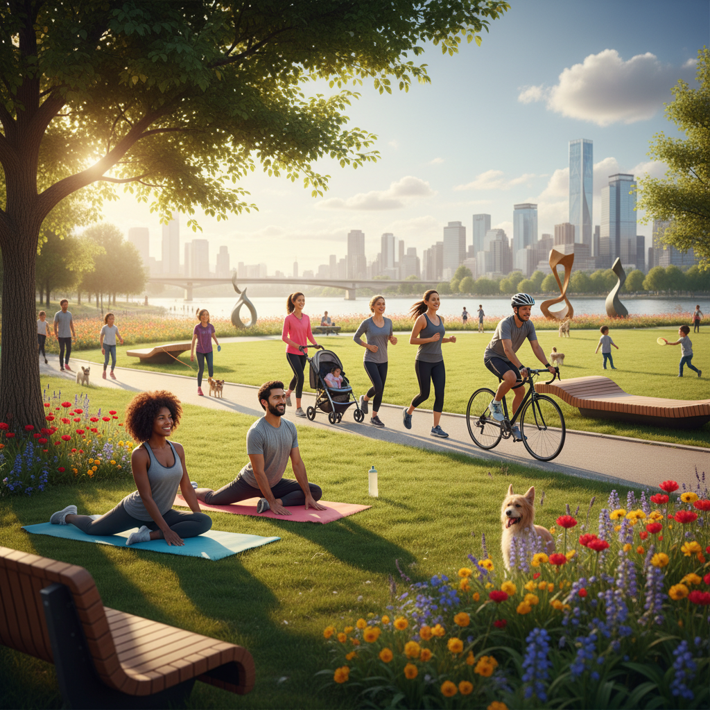Güneşli parkta yürüyüş, koşu, bisiklet ve yoga yapan neşeli insanlar. Sağlıklı yaşam tarzını destekleyen açık hava aktiviteleri.