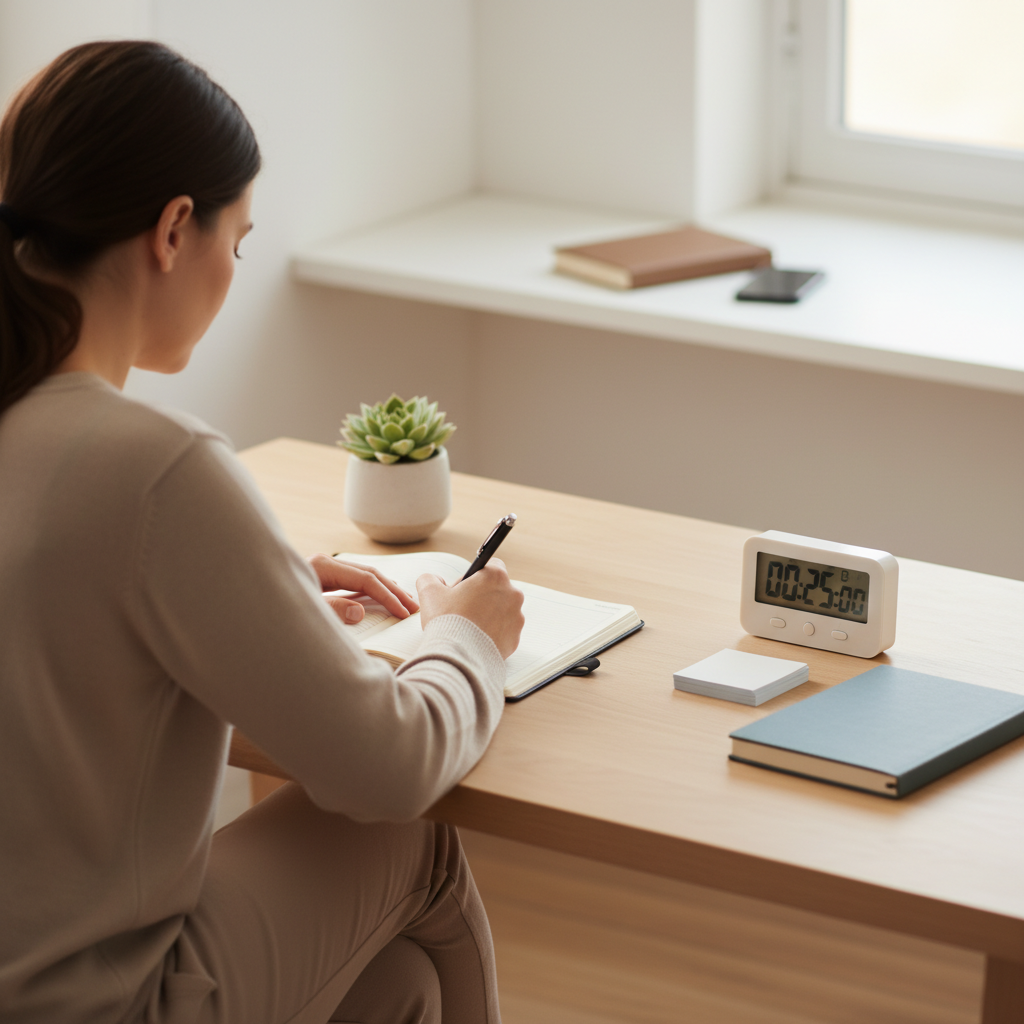 Sakin bir kişi, planlayıcı ve zamanlayıcı ile görevleri etkili yönetiyor. Dijital detoks ve zaman yönetimiyle verimli, sağlıklı bir yaşam tarzı benimseme.