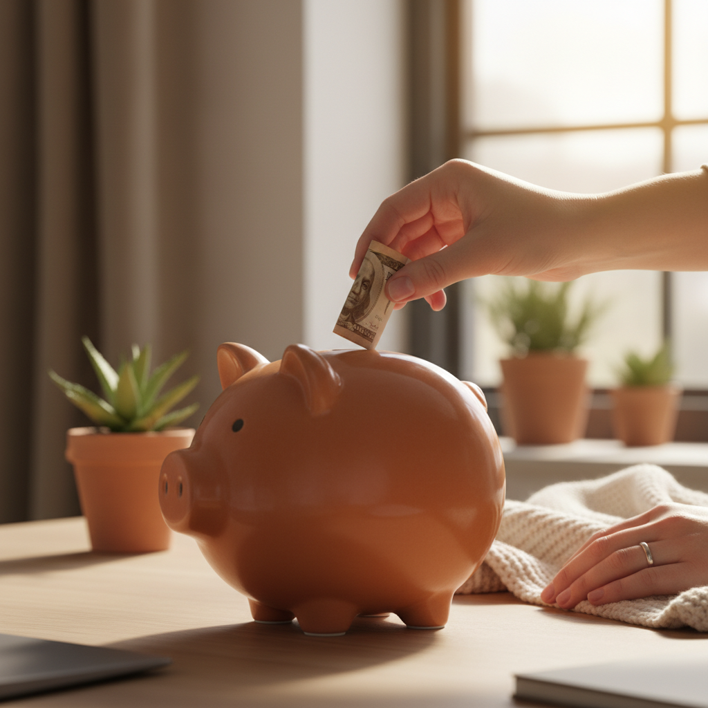 Kumbaraya para koyarak acil durumlar için finansal birikim ve güvence sağlayan bir kişi.