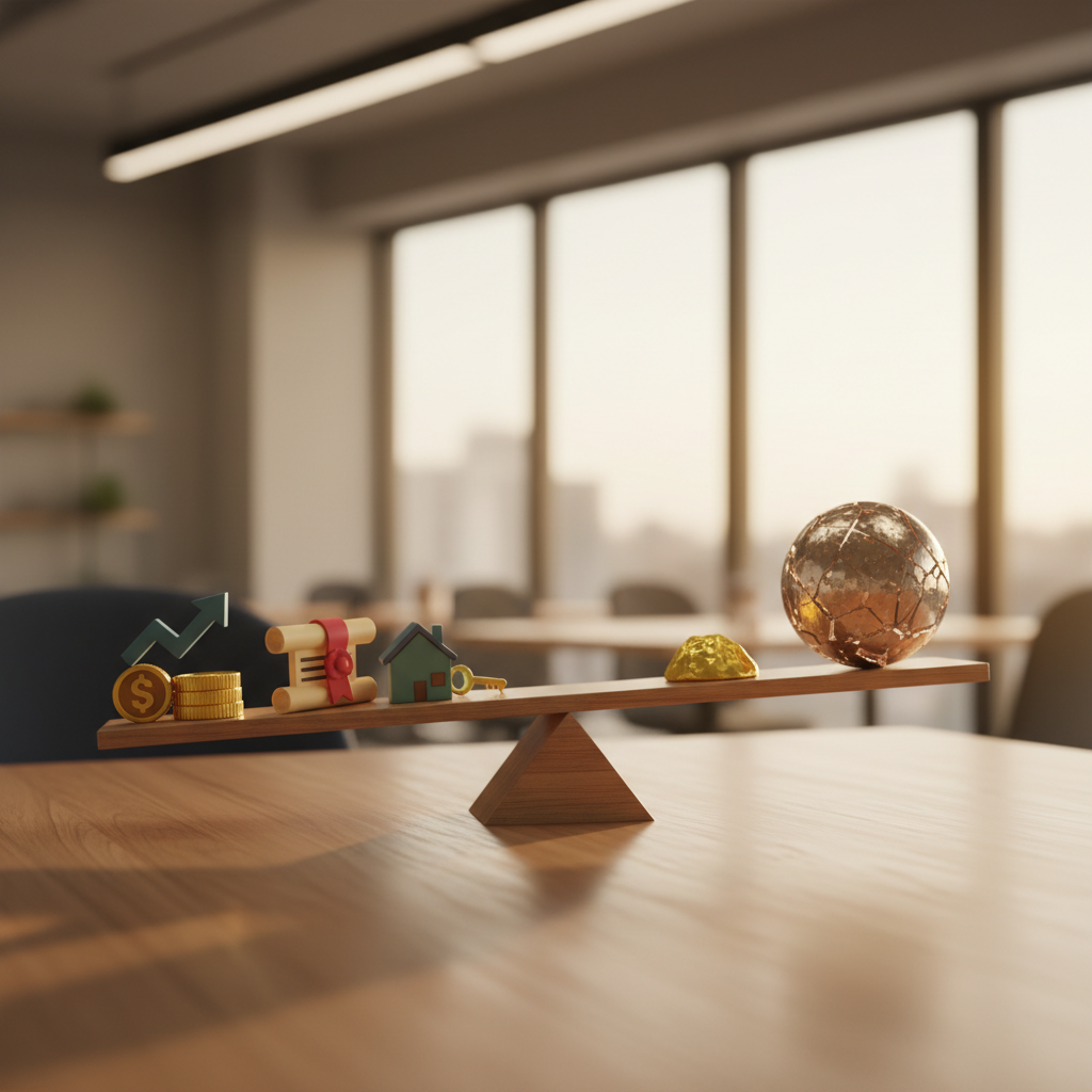 Hisse, tahvil, emlak, altın gibi finansal yatırım araçlarının tahterevallide dengeli duruşu, portföy çeşitlendirme ve risk yönetimini sembolize eder.