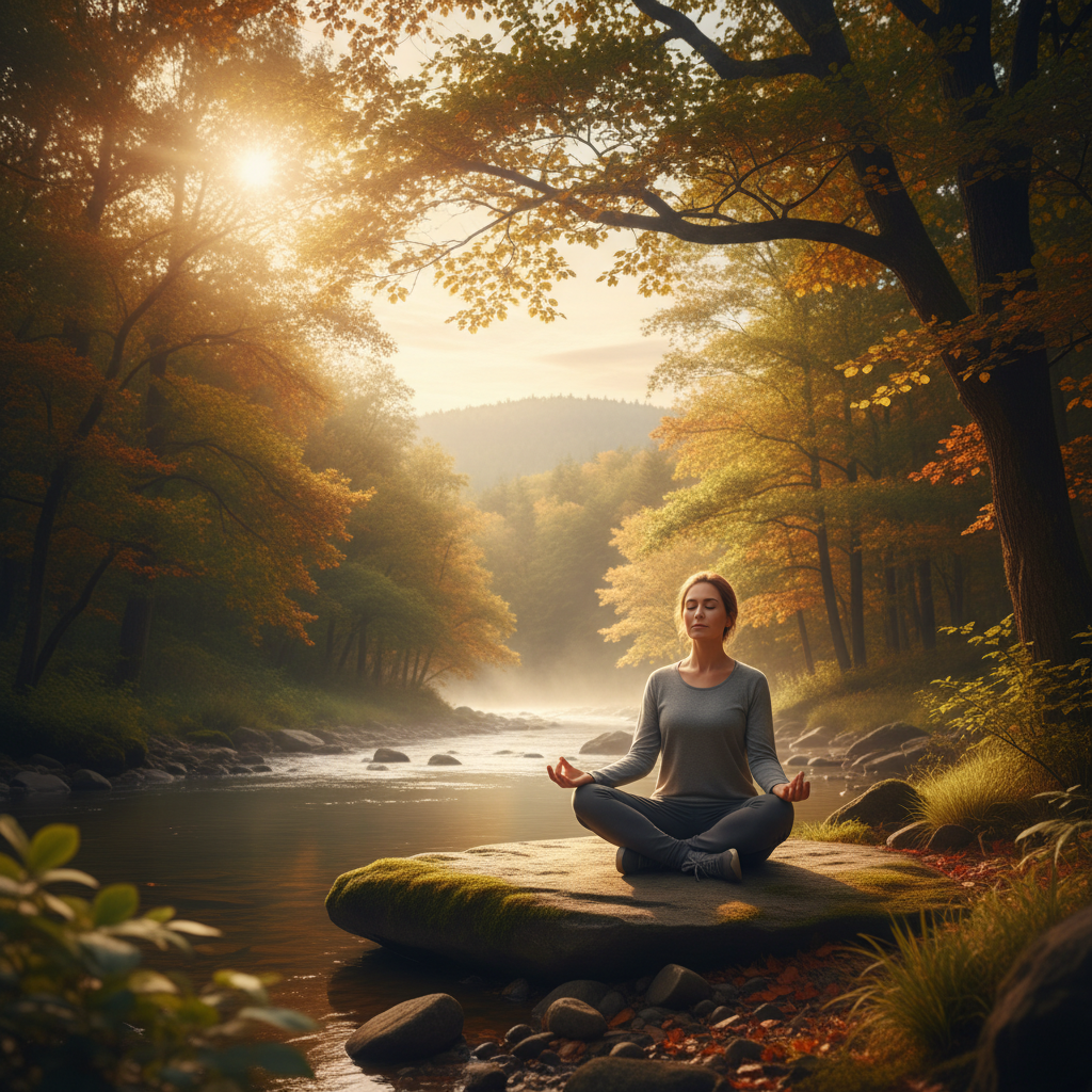 Doğal ortamda bilinçli farkındalık meditasyonu yapan kişi. Stres yönetimi, bütünsel sağlık ve yaşam kalitesi için fonksiyonel tıp.