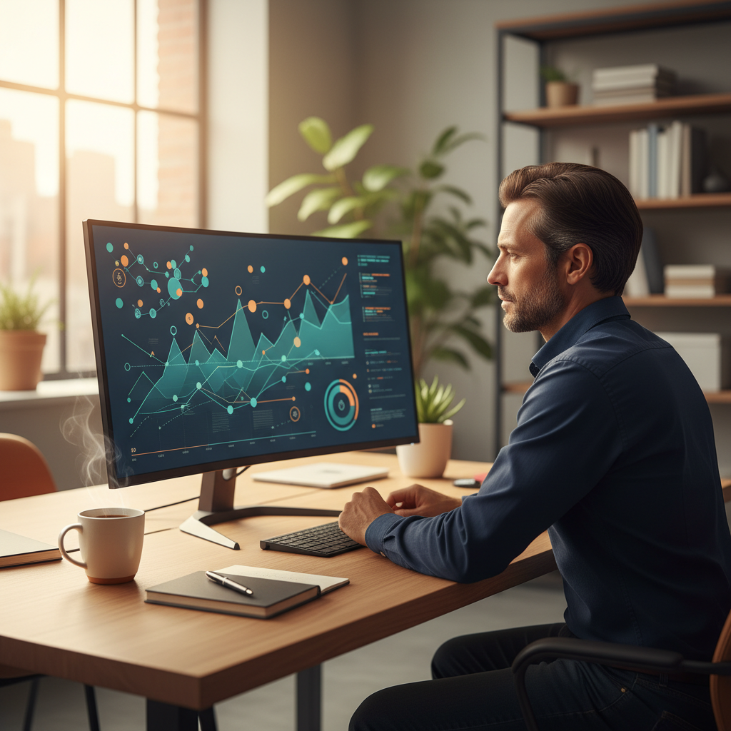 E-ticaret sitesi 2025 SEO stratejileri için anahtar kelime araştırması yapan uzman. Profesyonel, bilgisayarında arama hacmi grafikleri inceliyor.