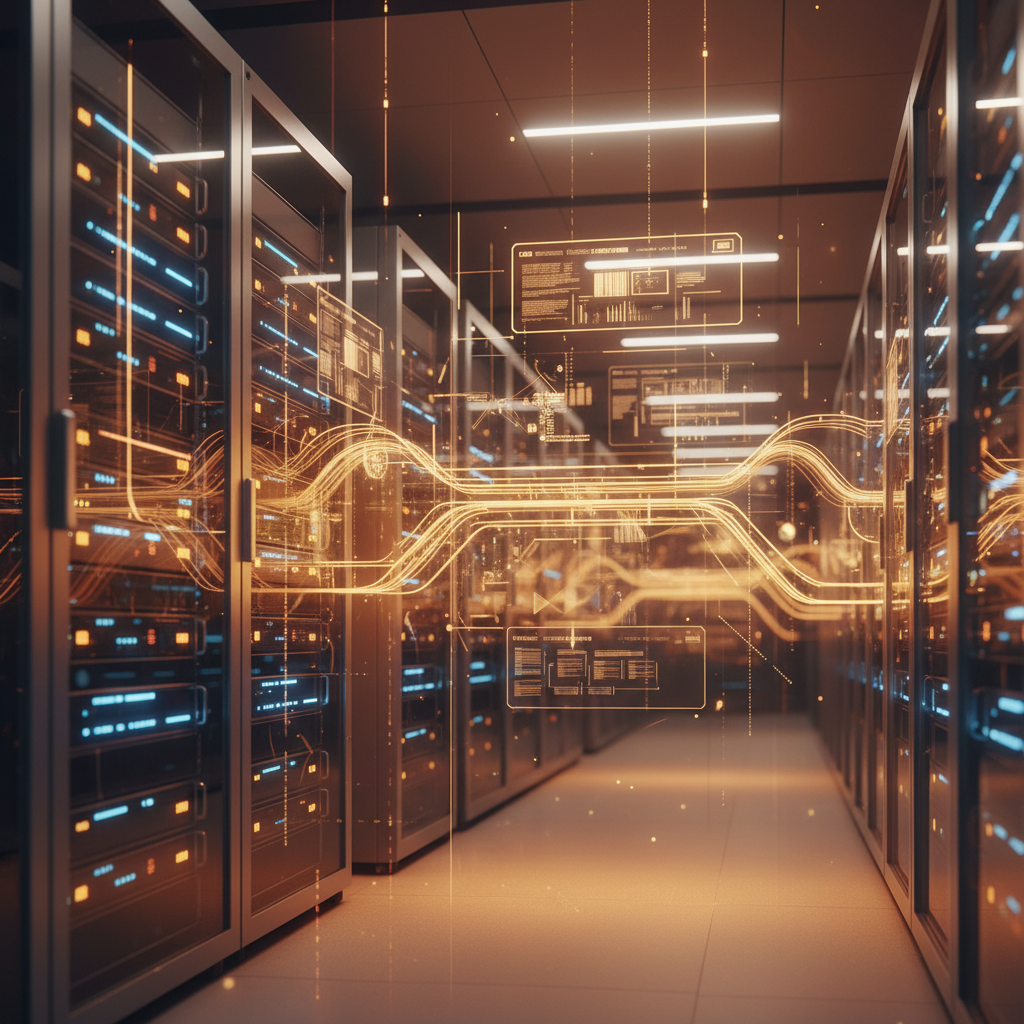 Fütüristik dijital ağ, sunucu ve veri akışı. E-ticaret sitenizin teknik SEO altyapısı ve 2025 etkili SEO stratejilerini simgeler.