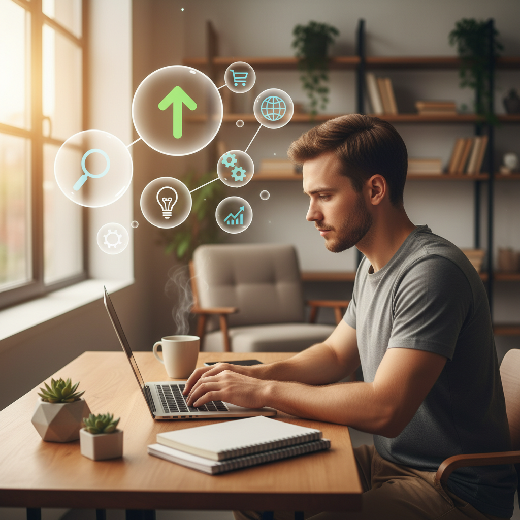 E-ticaret sitenizi zirveye taşıyacak içerik ve SEO stratejileri üreten bir kişi. Anahtar kelime fikirleriyle dolu parlak çalışma alanı.