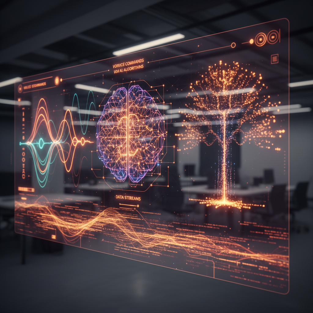 E-ticaret SEO 2025: Yapay zeka, üretken arama ve ses dalgalarıyla fütüristik bir dijital arayüz.