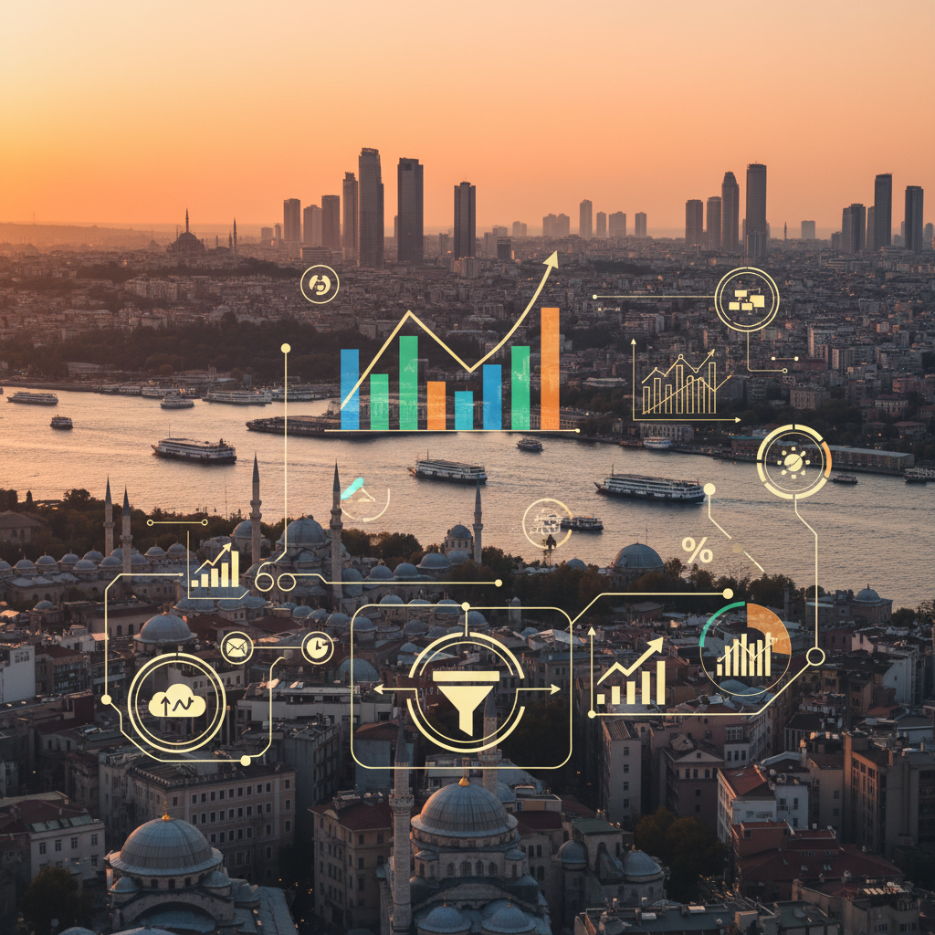 İstanbul silüetinde SaaS uygulamaları, performans pazarlama ve CRO ile gelir artışını simgeleyen dijital büyüme grafikleri.