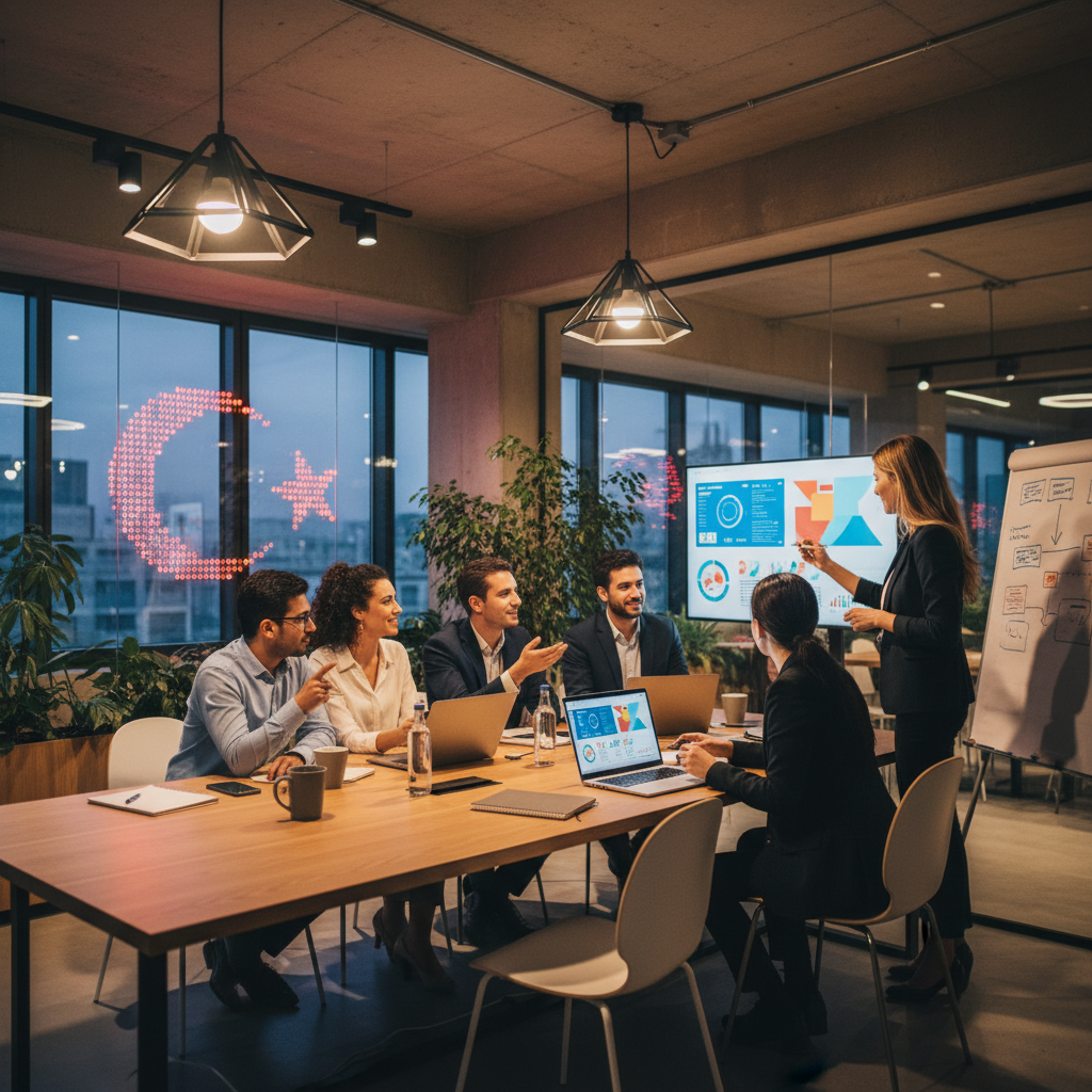 Türk girişimciler modern ofiste SaaS büyümesi, performans pazarlama ve CRO stratejilerini tartışıyor. Türkiye bayrağı detayı.