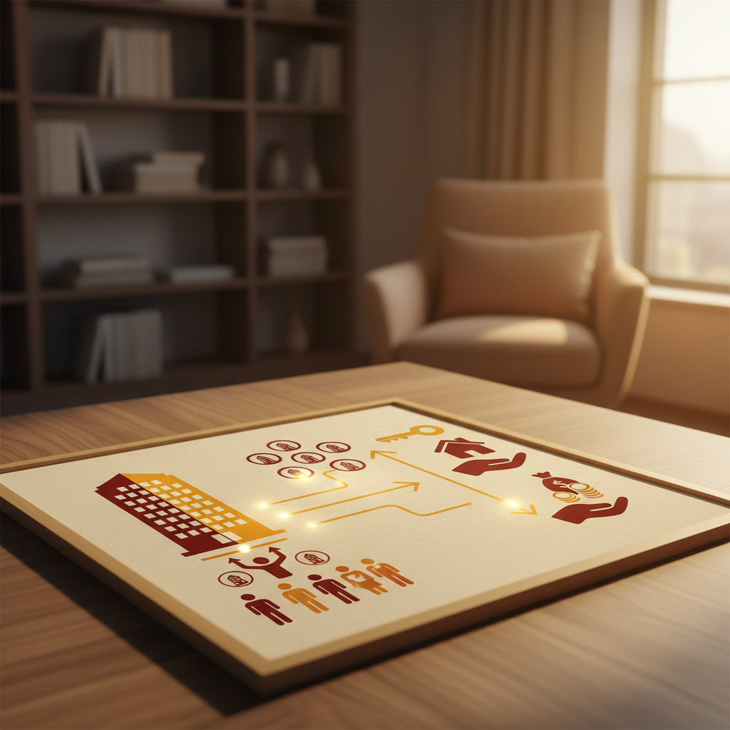 Stilize infografik: Gayrimenkul sertifikalarının akışı. Küçük birikimlerle büyük projelere ortak olun, anahtar veya nakit kazanarak yatırım yapın.