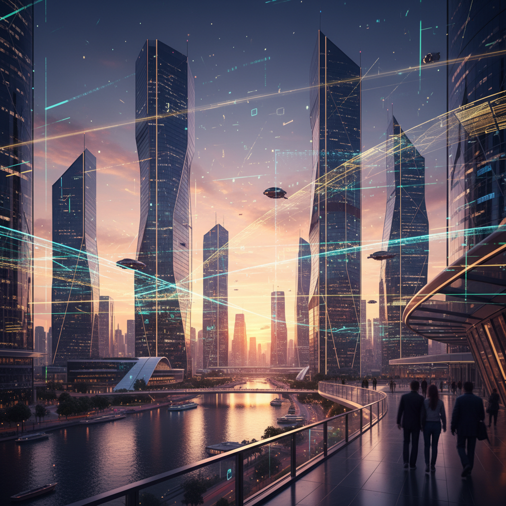 Dijital öğelerle fütüristik şehir, Türkiye'de 2025 kripto para vergi ve yasal düzenlemelerindeki dinamik değişimi vurguluyor.