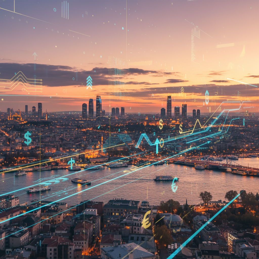 İstanbul silüeti, gün batımında inovasyon ve finansı simgeleyen dijital katmanlarla. Türkiye'de startup yatırımı ve girişim finansmanı.