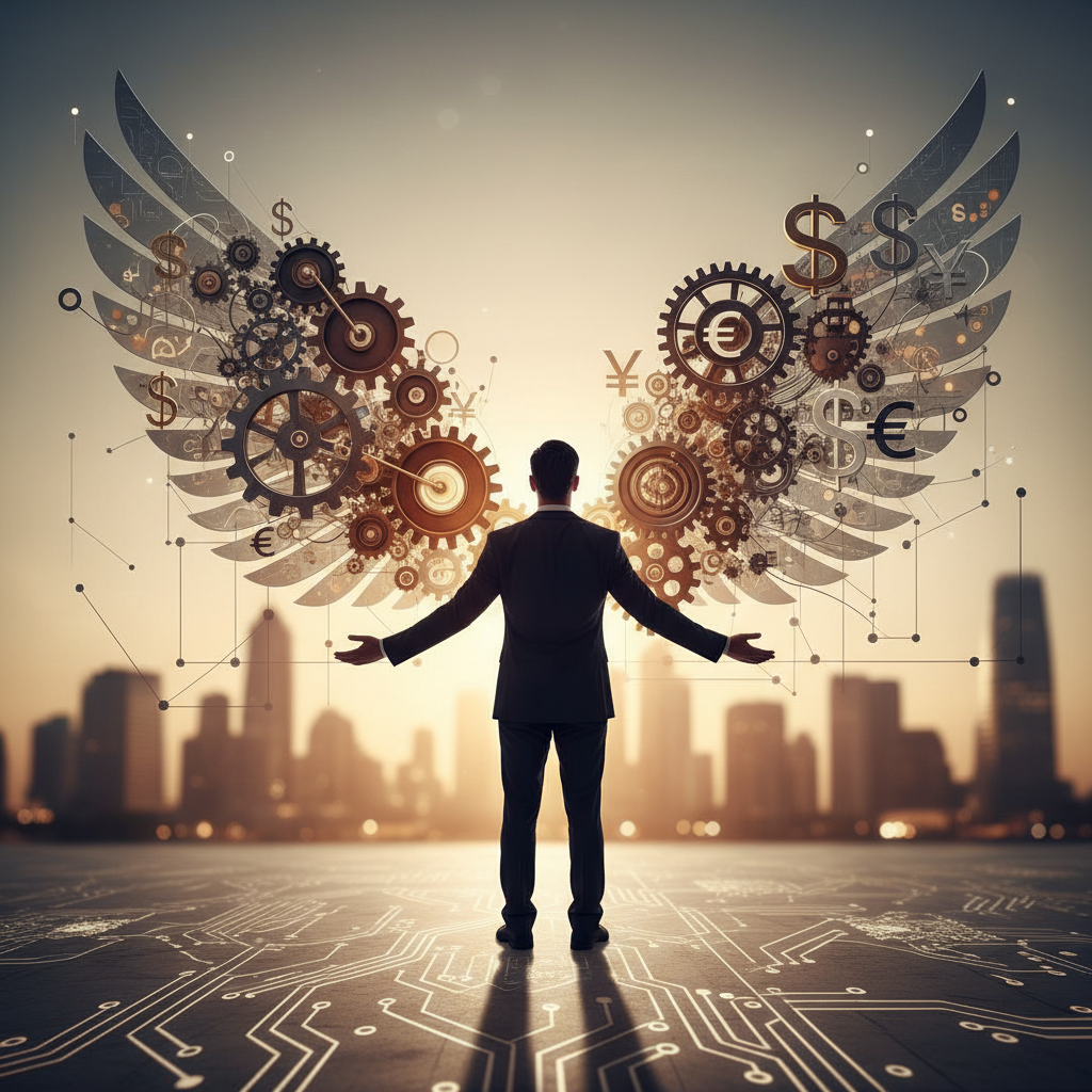 Melek yatırımcı silüeti: Çark ve para kanatlarıyla akıllı girişim finansmanı stratejileri ve Türkiye rehberi.