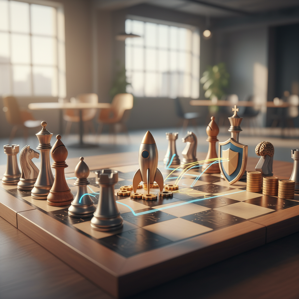 Startup temalı satranç tahtası: akıllı yatırım, girişim finansmanı stratejileri, melek yatırımcı karar verme ve odaklanmayı simgeler.