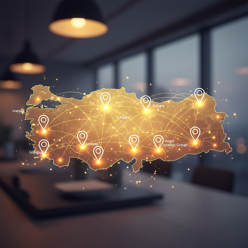 Türkiye haritasında melek yatırımcı grupları ve girişim finansmanı ağını gösteren bir görsel. Startup'lara akıllı yatırım rehberi ve stratejileri.