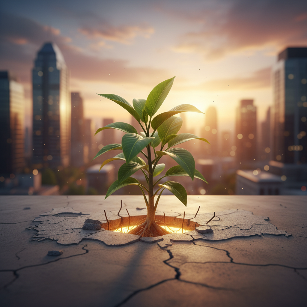 Türkiye'de betonu yarıp çıkan bitki, girişimcilik inovasyonu ve dayanıklılığı simgeler. Startup finansmanı ve akıllı yatırım stratejileriyle büyüyen ekosistem.