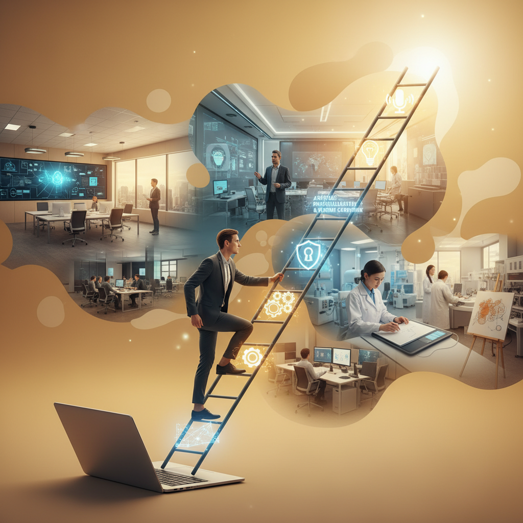 Online eğitimle kariyer basamaklarını tırmanan bir kişi. Geleceğin yetkinlikleriyle Türkiye'de kariyer dönüşümü.